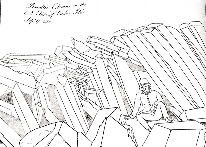 Early geologist in examining columnar basalt, Cader Idris, in: Robert Bakewell, Introduction to Geology. 1813.